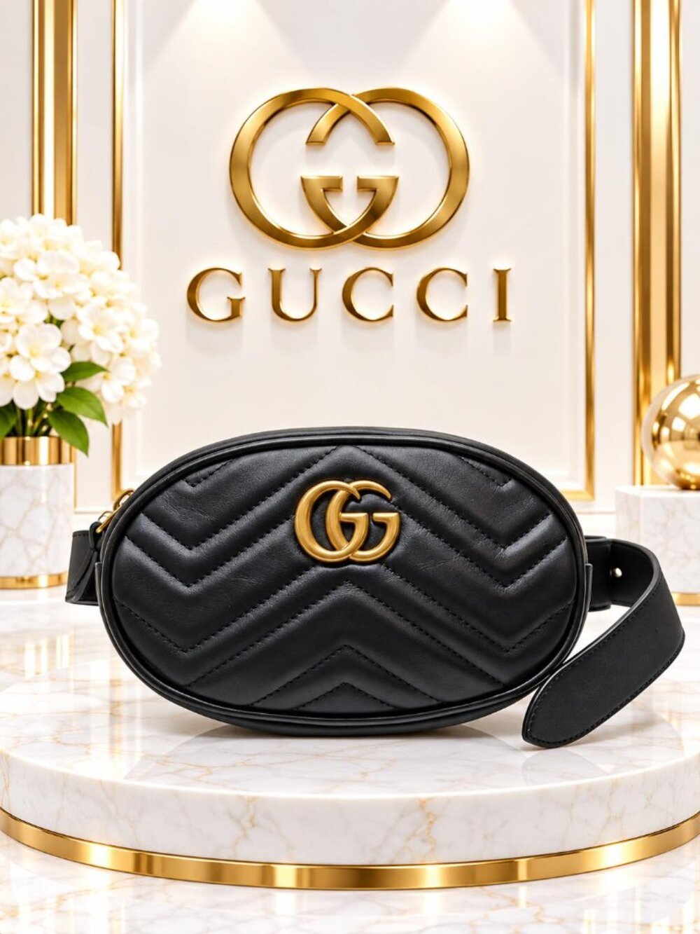 Authentic Gucci GG Marmont Matelassé Black Leather Belt Bag Waist Fanny Pack